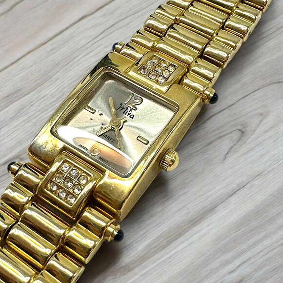 Vintage Gold Tone MIRA Woman Watch Square Clear Stones Accents *need battery - Picture 1 of 4